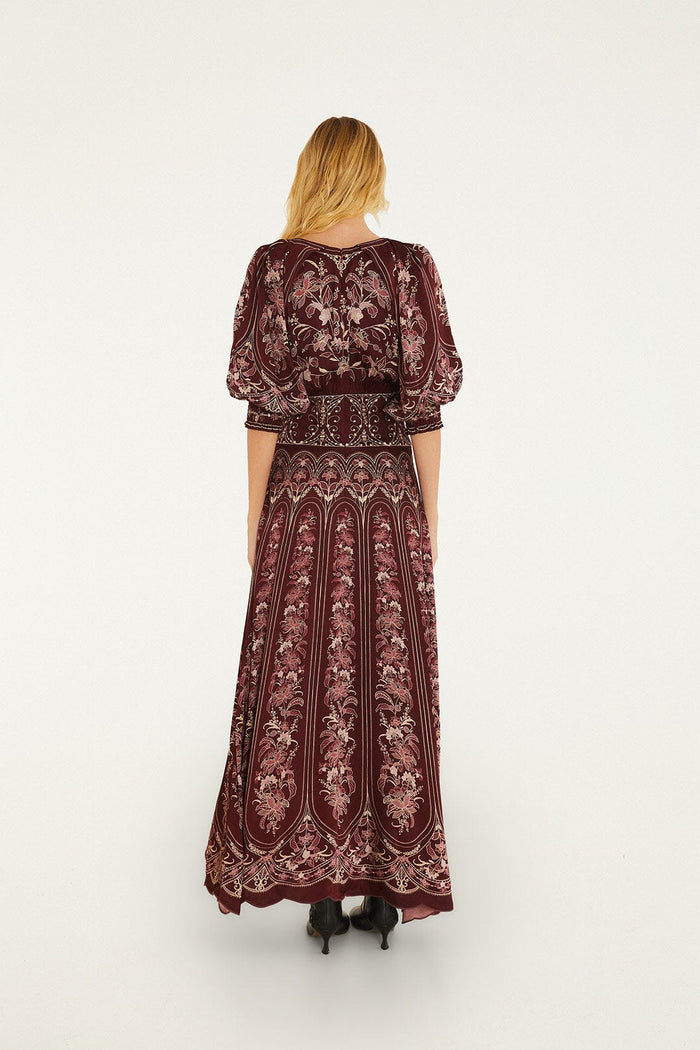FARM Rio model wearing the Liz Burgundy Maxi Dress