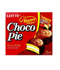 A box of Lotte Choco Pie, displaying the product name, images of the choco pie, and the number of pieces, 12 packs.