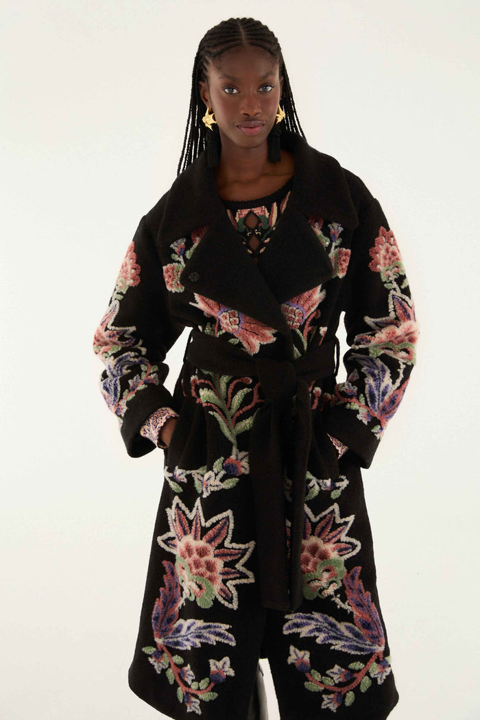 FARM Rio model wearing the Marvelous Garden Fleece Coat