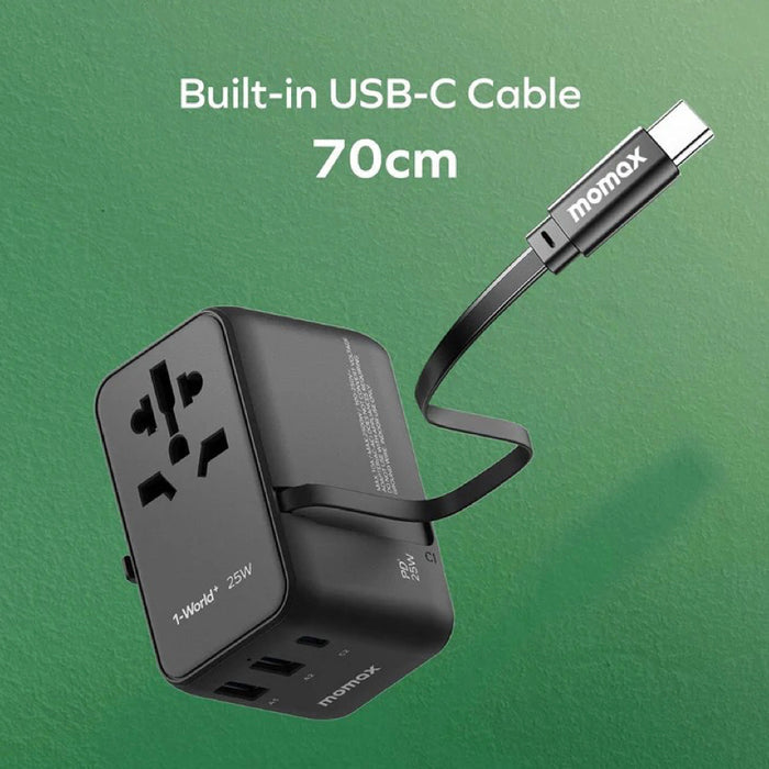 หัวชาร์จ Momax 1-World+ 3 พอร์ต มีสาย USB-C ในตัว รองรับกำลังไฟสูงสุด 25W สี Sandstone