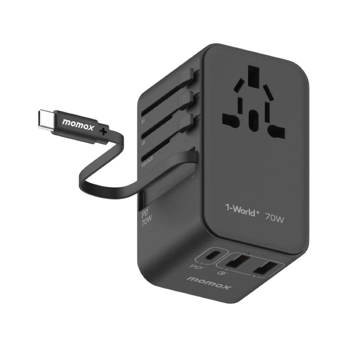 หัวชาร์จ Momax 1-World+ GaN 70W พร้อมสาย USB-C ในตัว (3 พอร์ต) สี Black