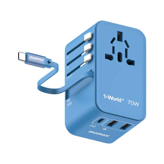 หัวชาร์จ Momax 1-World+ GaN 70W พร้อมสาย USB-C ในตัว (3 พอร์ต) สี Blue
