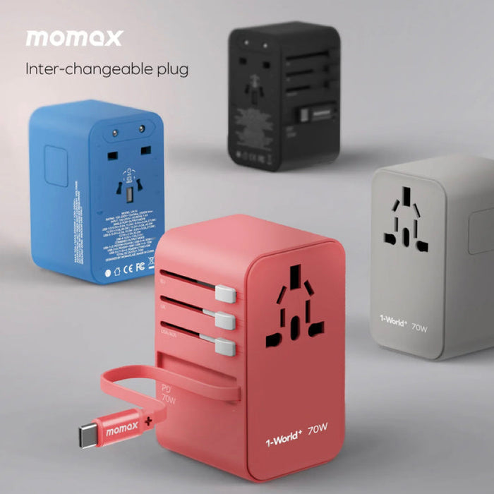 หัวชาร์จ Momax 1-World+ GaN 70W พร้อมสาย USB-C ในตัว (3 พอร์ต) สี Blue