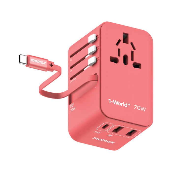 หัวชาร์จ Momax 1-World+ GaN 70W พร้อมสาย USB-C ในตัว (3 พอร์ต) สี Red