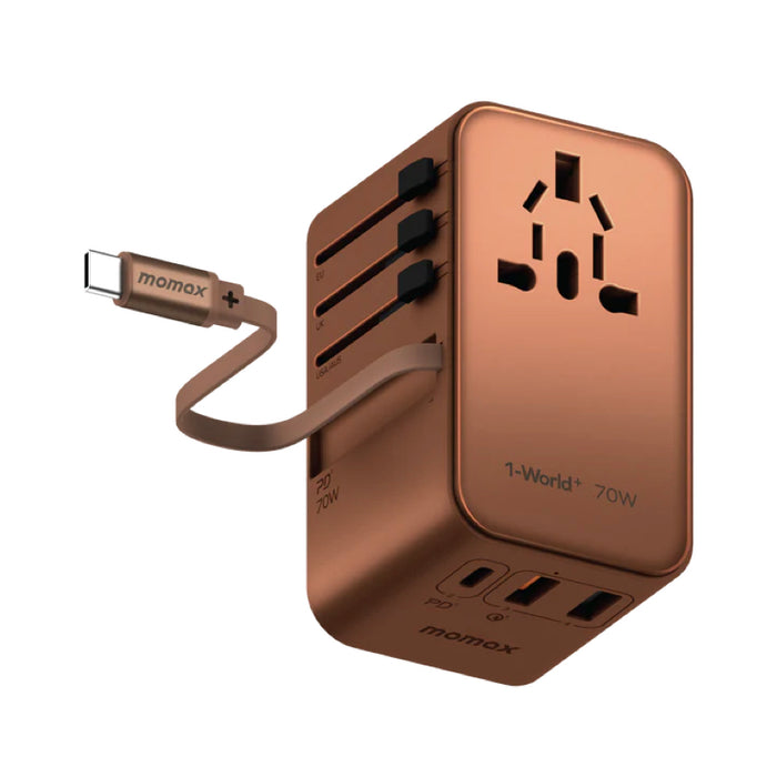 หัวชาร์จ Momax 1-World+ GaN 70W พร้อมสาย USB-C ในตัว (3 พอร์ต) สี Sandstone