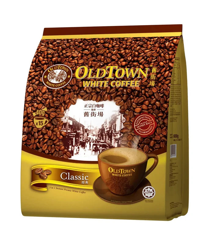 A package of Old Town Classic 3-in-1 White Coffee with coffee beans and a cup of coffee depicted on the front.