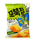 A bag of Orion - Kkobuk Turtle Corn Chips 160g, featuring product information in Korean and an illustration of a turtle on the front.
