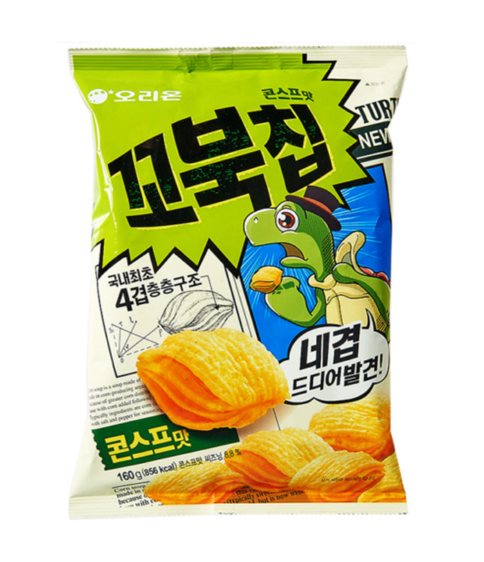 A bag of Orion - Kkobuk Turtle Corn Chips 160g, featuring product information in Korean and an illustration of a turtle on the front.