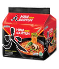 Hwa Ramyun noodles packaging with a red background and black lid.