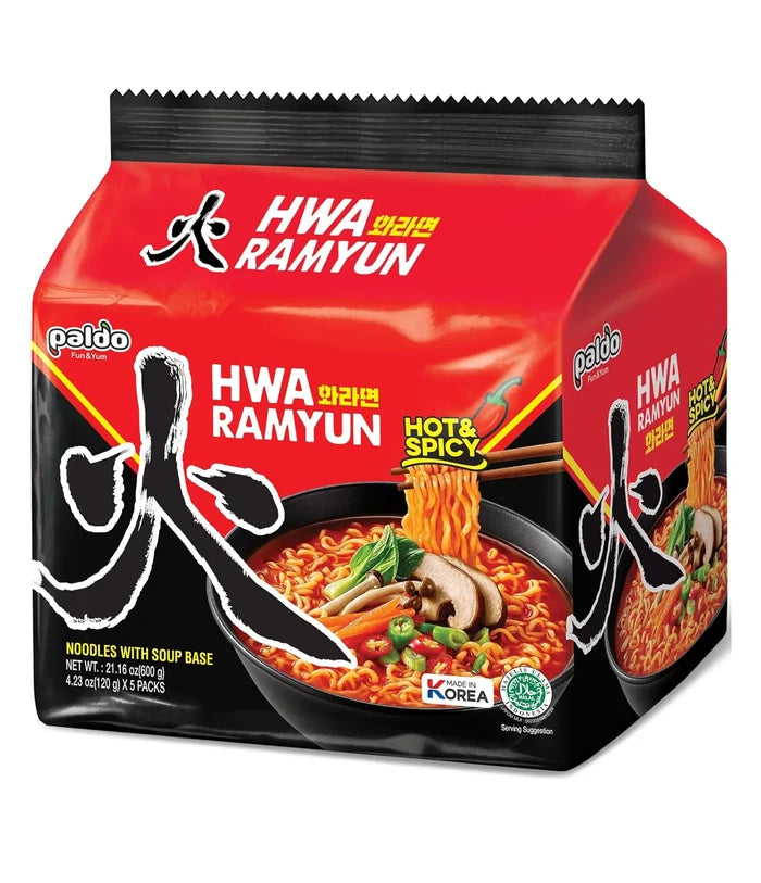 Hwa Ramyun noodles packaging with a red background and black lid.
