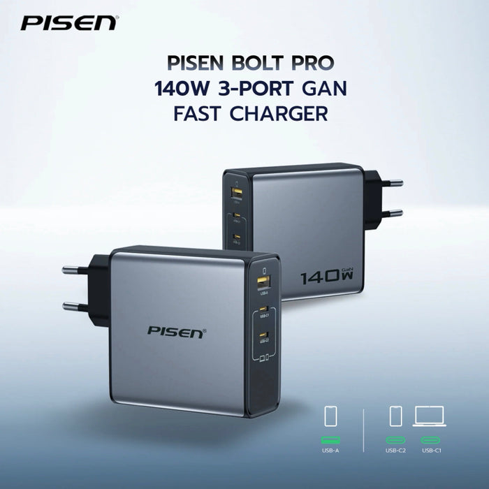 ชาร์จเร็วสูงสุด PISEN 140W รองรับ PD 3.1 พร้อมพอร์ต 2C1A เทคโนโลยี GaN ขนาดกะทัดรัด ชาร์จโน้ตบุ๊กและสมาร์ทโฟนพร้อมกันได้