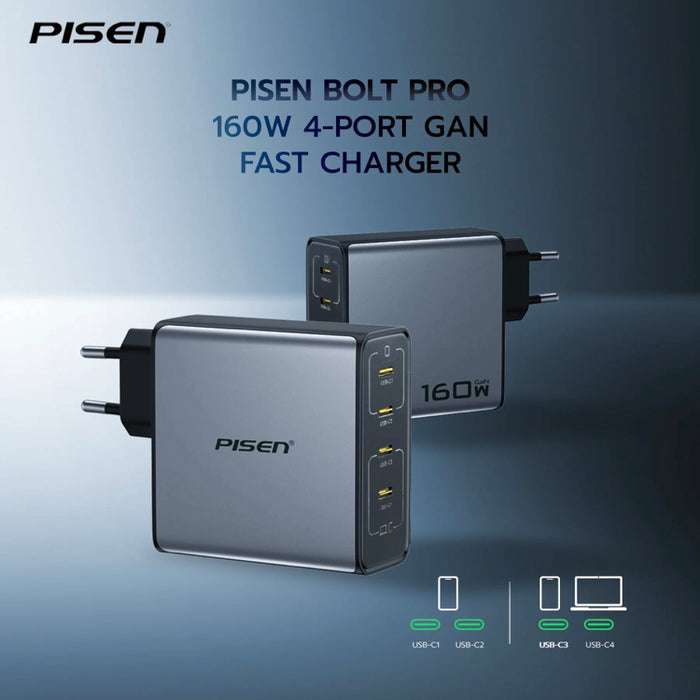PISEN BOLT Lite 160W GaN Charger ชาร์จเร็ว PD 3.1 สูงสุด 140W รองรับ MacBook Pro พร้อม 4 พอร์ต USB-C และระบบแบ่งกำลังไฟอัจฉริยะ