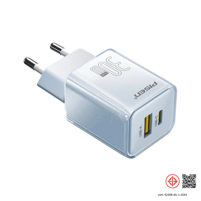 หัวชาร์จ Pisen Quick GaN USB-C + USB-A 30 วัตต์ สี Blue