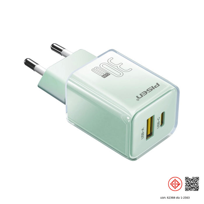 หัวชาร์จ Pisen Quick GaN USB-C + USB-A 30 วัตต์ สี Green