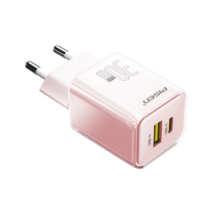 หัวชาร์จ Pisen Quick GaN USB-C + USB-A 30 วัตต์ สี Pink แบรนด์ PISEN