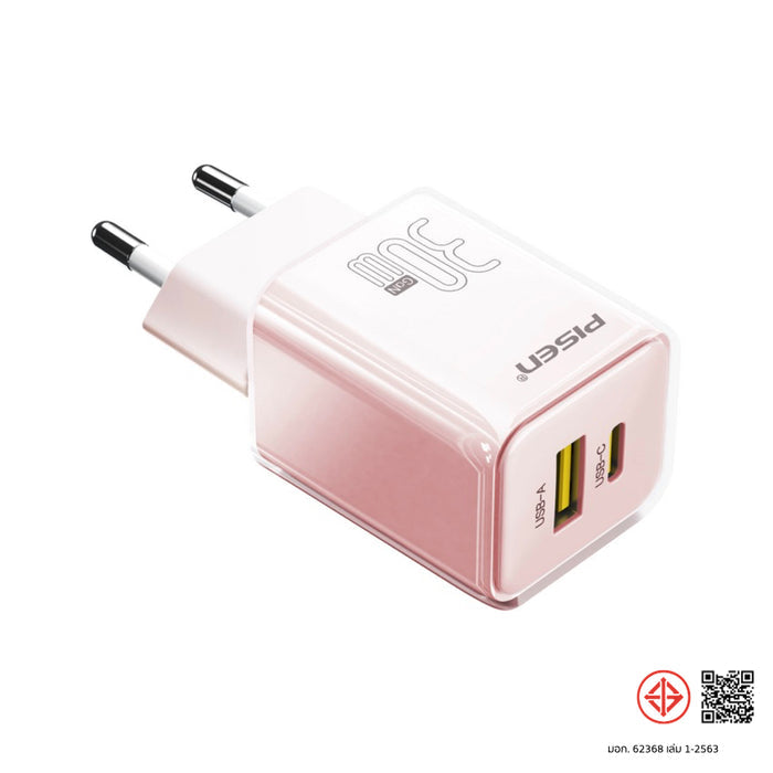 หัวชาร์จ Pisen Quick GaN USB-C + USB-A 30 วัตต์ สี Pink