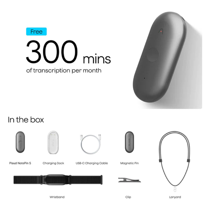 PLAUD NotePin S พร้อมอุปกรณ์ Clip, Lanyard และ Charging Dock