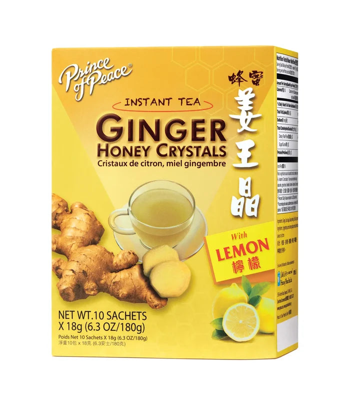 Packaging of Prince of Peace Instant Tea Ginger Honey Crystals with Lemon Flavor, showing a cup with tea, ginger roots, and lemons.