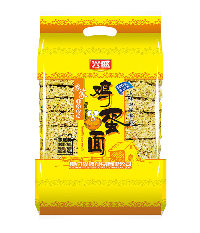 Packaged egg noodles in a yellow bag with Chinese characters and an image of the noodles.