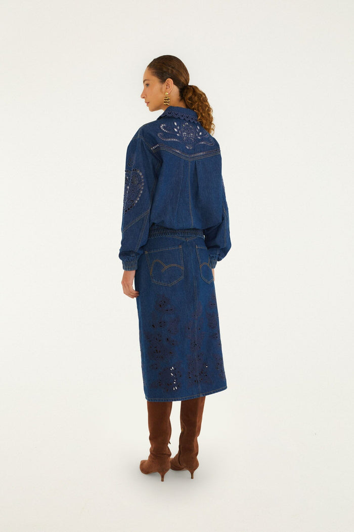 FARM Rio model wearing the Richelieu Front Slit Denim Midi Skirt