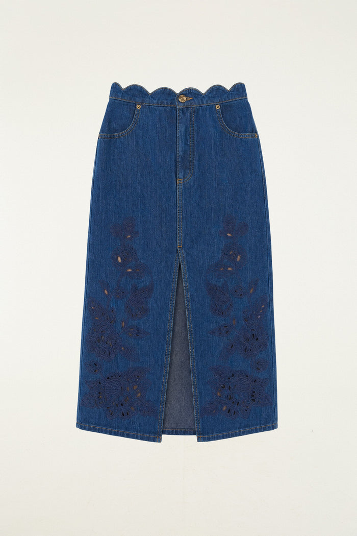 Richelieu Front Slit Denim Midi Skirt