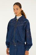 FARM Rio model wearing the Richelieu Heart Full Zipper Denim Jacket