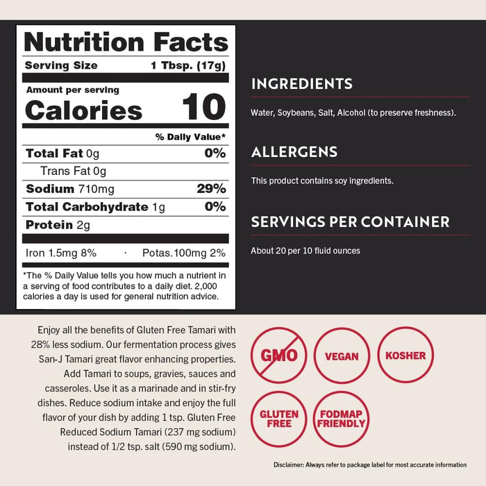 San-J Tamari Soy Sauce Wheat Free Less Sodium 10 Ounce Snackathon Foods