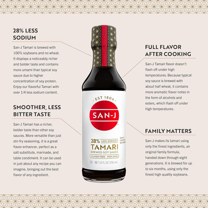 San-J Tamari Soy Sauce Wheat Free Less Sodium 10 Ounce Snackathon Foods