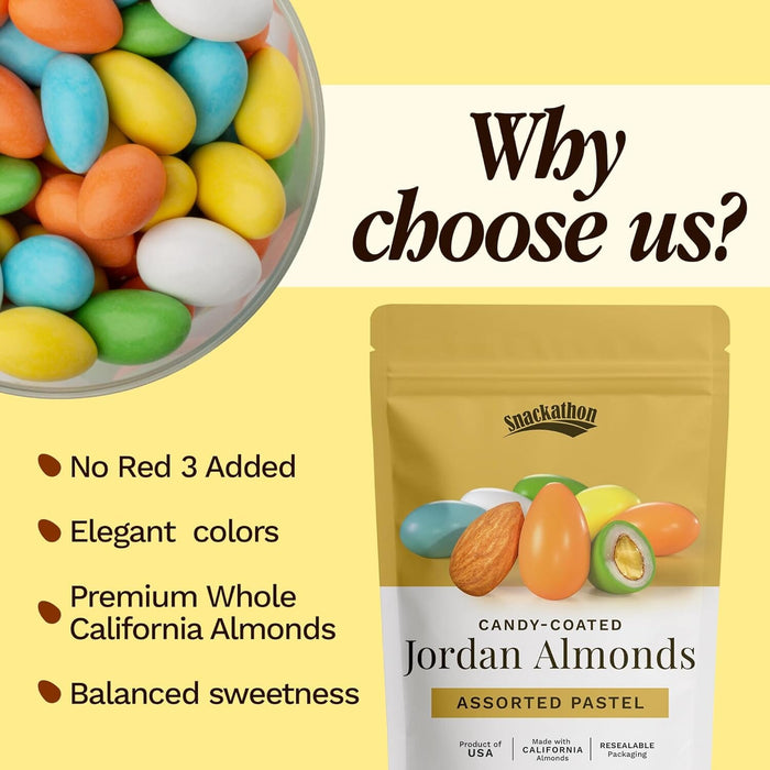 Snackathon Jordan Almonds, Assorted Pastel Candy-Coated Almonds, 1 LB Resealable Bag, Made in USA Snackathon