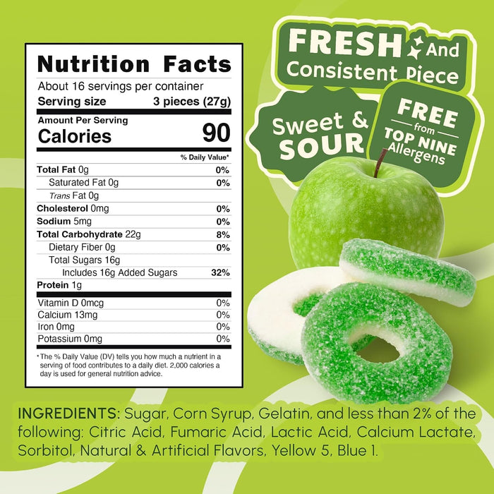 Snackathon Apple Rings Gummy Candy, Soft & Chewy Green Gummies, Resealable Bag, Classic Sweet & Sour Sugar-Coated Gummy Rings, Gluten-Free, For Chamoy Treats, Parties, Buffets & Snacking Snackathon