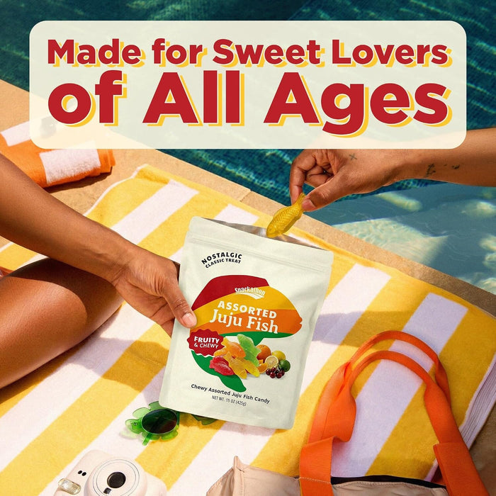 Snackathon Assorted Juju Fish Candy, 15 oz, Fun & Chewy Fruit Gummy Candy | Resealable Bag, Gummy Fish Juju Candies in Lime, Cherry, Orange, Lemon Flavors, Gelatin Free, Great for Parties & Sharing Snackathon