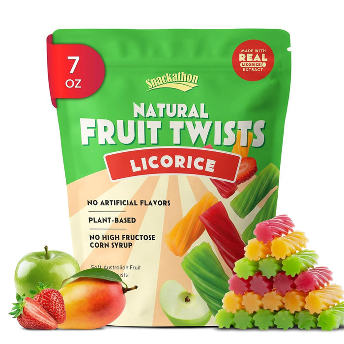 Snackathon Australian Licorice Candy, Mixed Fruit Flavors, Soft & Chewy Gourmet Licorice Twists Snackathon Foods Mixed Fruit 7 Ounce