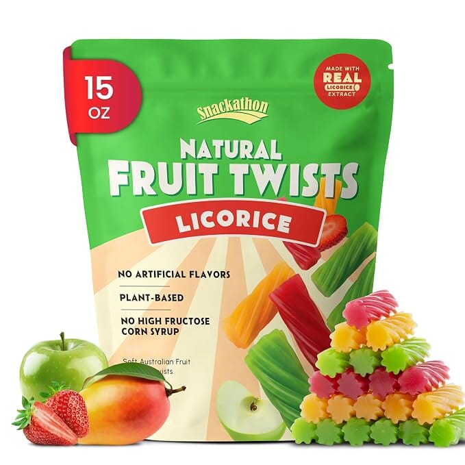 Snackathon Australian Licorice Candy, Mixed Fruit Flavors, Soft & Chewy Gourmet Licorice Twists Snackathon Foods Mixed Fruit 15 Ounce