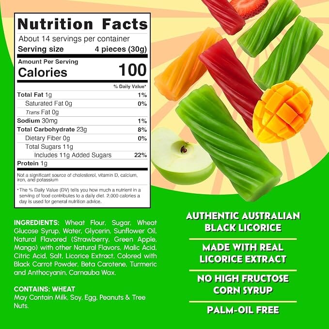 Snackathon Australian Licorice Candy, Natural Mixed Fruit Twists, Soft & Chewy Classic Gourmet Treat for Parties, Candy Bowls & Snacking, Made in Australia Snackathon Foods