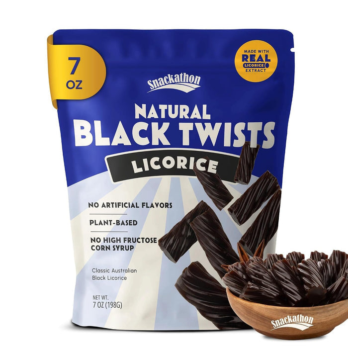 Snackathon Australian Licorice Candy, Natural Black Twists Snackathon Black Twists 7 Ounce