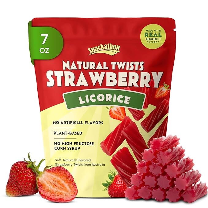 Snackathon Australian Licorice Candy, Natural Strawberry Twists, Resealable Bag, Soft & Chewy Classic Gourmet Licorice for Parties, Snacking & Candy Bowls, Made in Australia Snackathon Strawberry Twists 7 Ounce