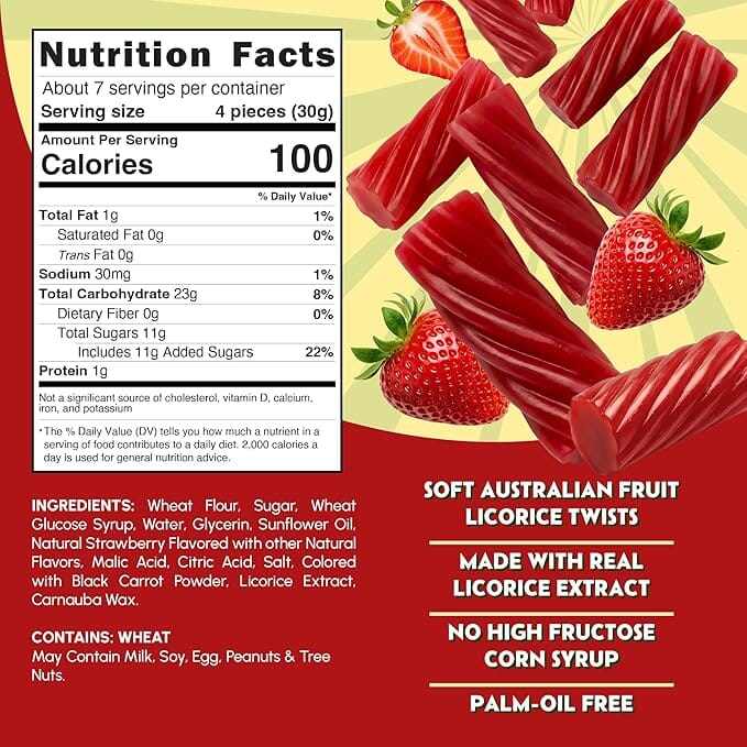 Snackathon Australian Licorice Candy, Natural Strawberry Twists, Resealable Bag, Soft & Chewy Classic Gourmet Licorice for Parties, Snacking & Candy Bowls, Made in Australia Snackathon