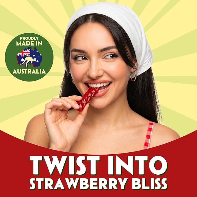 Snackathon Australian Licorice Candy, Natural Strawberry Twists, Resealable Bag, Soft & Chewy Classic Gourmet Licorice for Parties, Snacking & Candy Bowls, Made in Australia Snackathon
