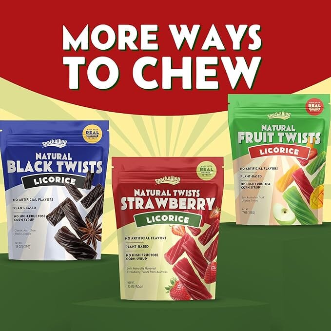 Snackathon Australian Licorice Candy, Natural Strawberry Twists, Resealable Bag, Soft & Chewy Classic Gourmet Licorice for Parties, Snacking & Candy Bowls, Made in Australia Snackathon