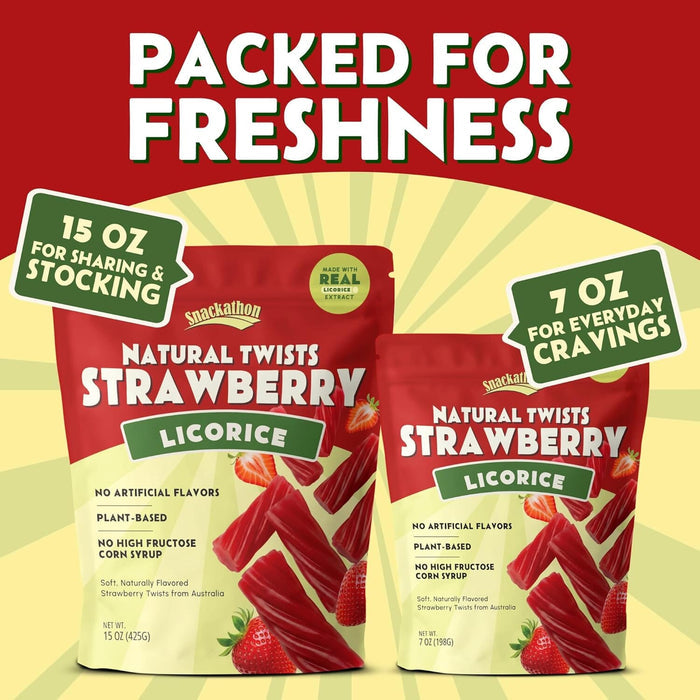 Snackathon Australian Licorice Candy, Natural Strawberry Twists, Resealable Bag, Soft & Chewy Classic Gourmet Licorice for Parties, Snacking & Candy Bowls, Made in Australia Snackathon