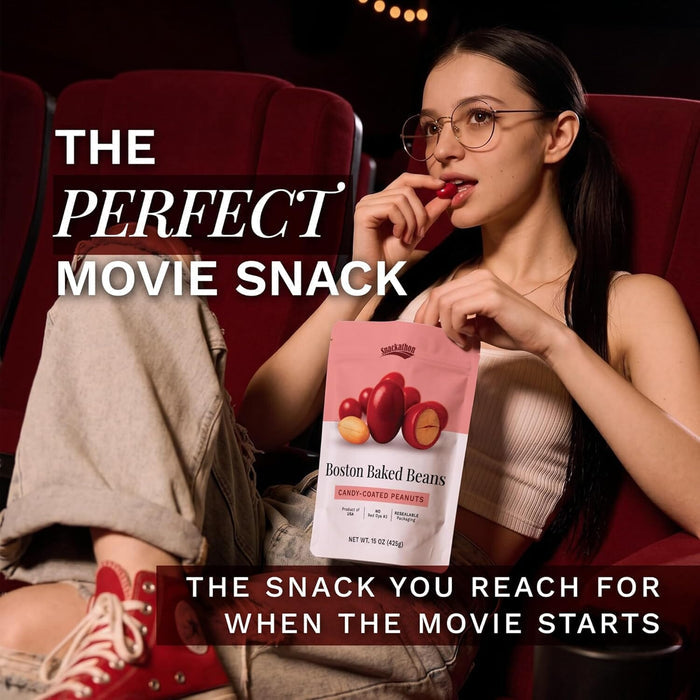 Snackathon Boston Baked Beans Candy, 15 oz – Classic Sweet & Crunchy Red Candy Coated Peanuts in Resealable Bag, Nostalgic Retro Movie Theater Snack, Made in USA Snackathon