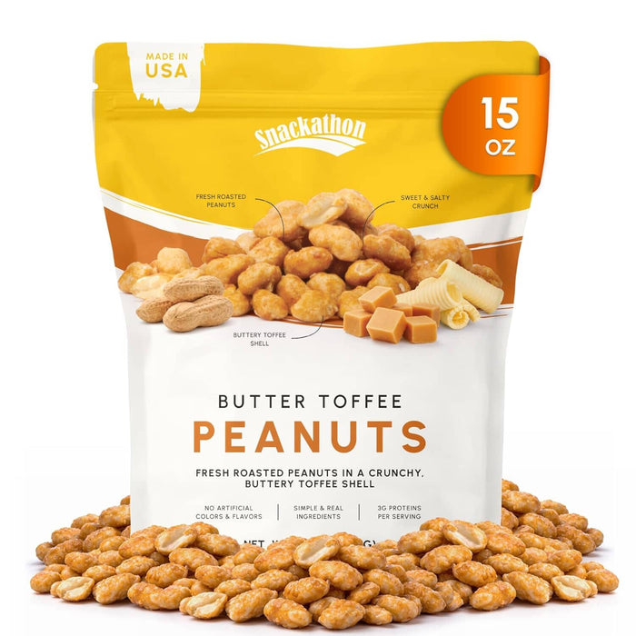 Snackathon Butter Toffee Peanuts, Sweet & Salty Gourmet Candied Nuts – 15 oz Resealable Bag Snackathon Foods