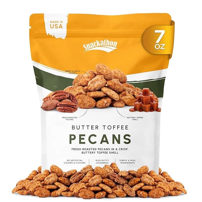 Snackathon Butter Toffee Pecans, Gourmet Glazed Pecans in Resealable Bag, All-Natural Sweet & Crunchy Toffee Coated Snack, Made in USA, Great for Gifting & Charcuterie Boards Snackathon Foods Butter Toffee Pecans 7 Ounce