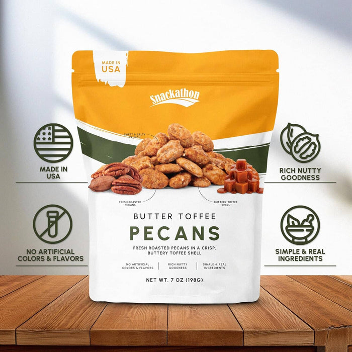 Snackathon Butter Toffee Pecans, Gourmet Glazed Pecans in Resealable Bag, All-Natural Sweet & Crunchy Toffee Coated Snack, Made in USA, Great for Gifting & Charcuterie Boards Snackathon Foods