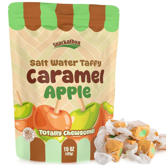 Snackathon Caramel Apple Salt Water Taffy – Soft & Chewy Gourmet Candy,15 oz Resealable Bag Snackathon Foods