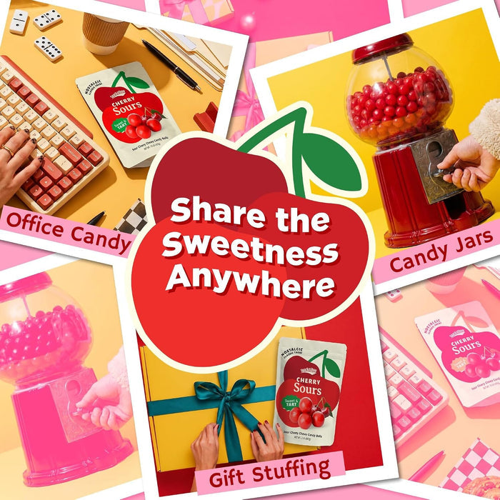 Snackathon Cherry Sours Candy, Bulk Old Fashioned Chewy Sour Cherry Balls, Retro Sweet & Tart Red Jelly Candy, Resealable Snack Bag (Copy) Snackathon