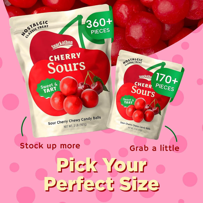 Snackathon Cherry Sours Candy, Bulk Old Fashioned Chewy Sour Cherry Balls, Retro Sweet & Tart Red Jelly Candy, Resealable Snack Bag Snackathon