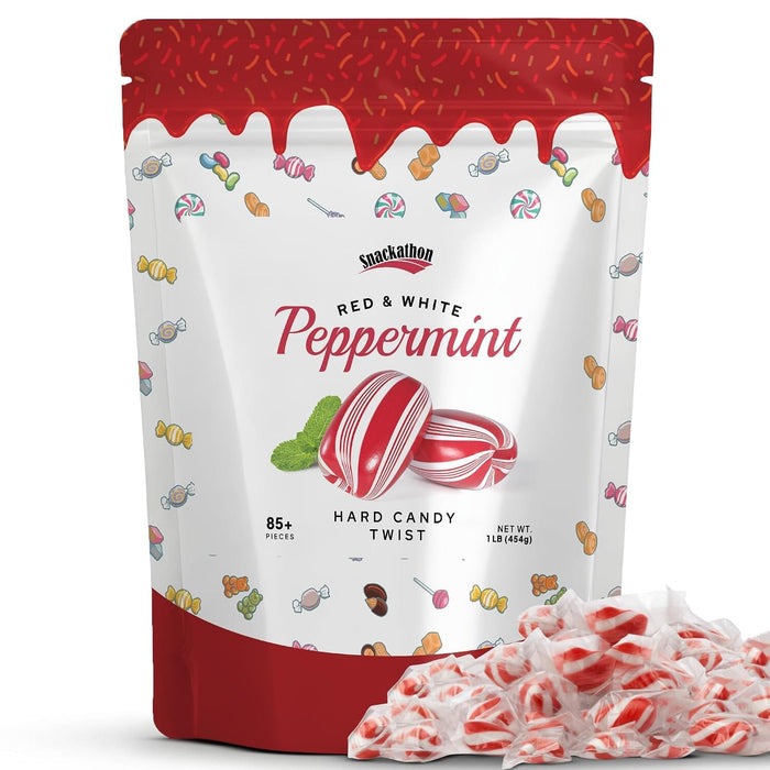 Snackathon Cylinder-Shaped Twists Hard Candy, Bulk Individually Wrapped, Classic Red & White Peppermint Twists, 1 Pound Snackathon Red & White Mint 1 Pound