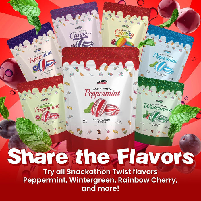Snackathon Cylinder-Shaped Twists Hard Candy, Bulk Individually Wrapped, Classic Red & White Peppermint Twists, 1 Pound Snackathon
