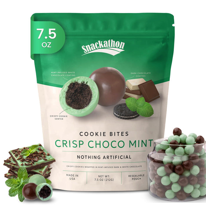 Snackathon Crisp Choco Mint Cookie Bites, Mint White and Dark Chocolate Covered Cookie Bite Snackathon Foods Crisp Choco Mint 7.5 Ounce